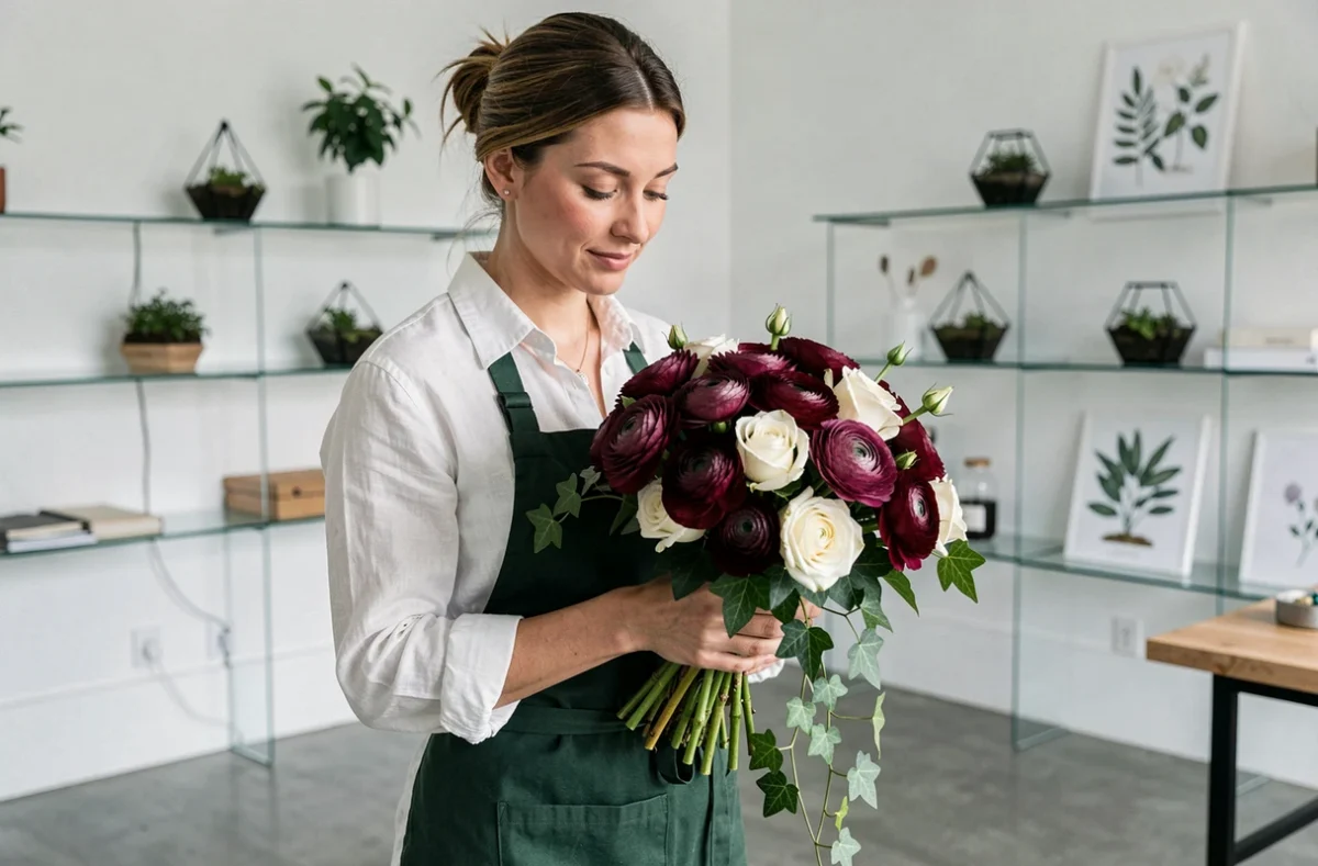 Fleuriste de mariage chez Green Bottle Design assemblant un bouquet de mariée moderne avec des renoncules bordeaux et des roses blanches