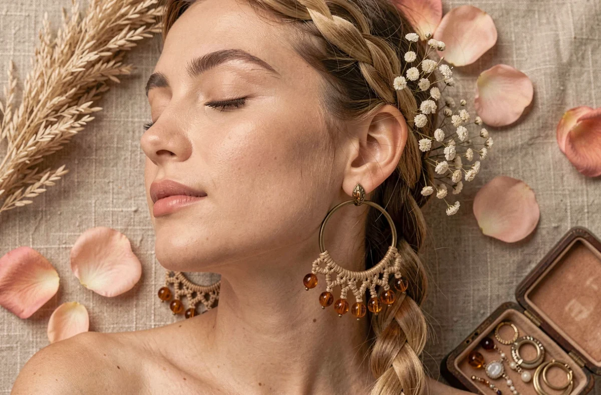 Gros plan sur des boucles d'oreilles créoles en laiton oxydé avec macramé pour une mariée au style bohème naturel