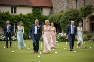 Groupe d'invites en tenue de mariage jouant au pétanque