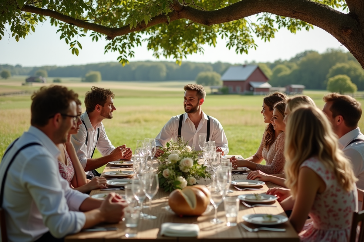Groupe d invités autour d une table rustique en plein air