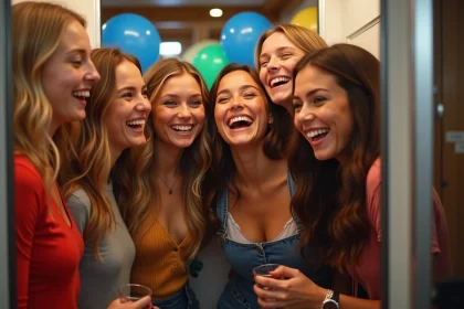 Jeunes souriants dans un photobooth festif lors d'un événement