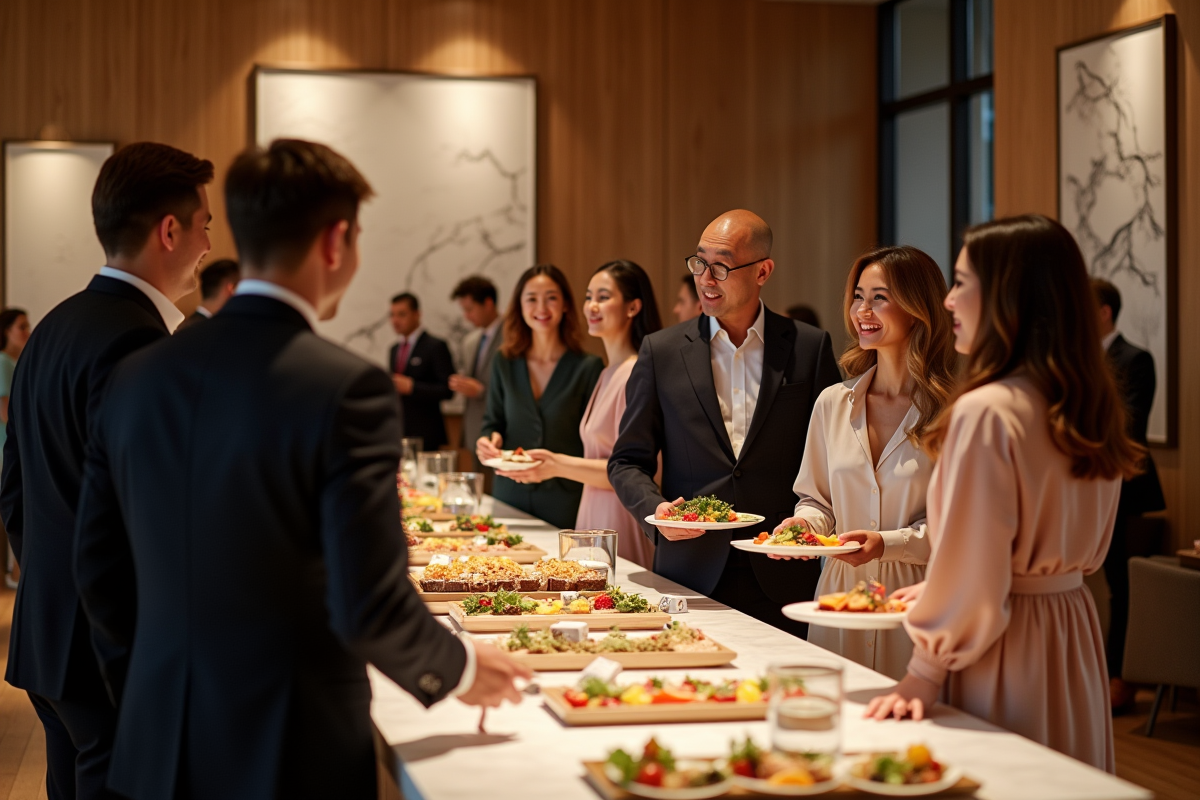 Groupe de personnes élégantes lors d'une réception cocktail