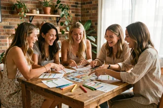 Groupe de femmes jouant à un jeu EVJF imprimé autour d'une table en bois avec des cartes de jeu et quiz colorés