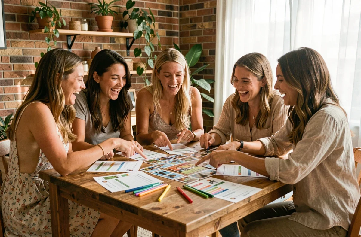 Groupe de femmes jouant à un jeu EVJF imprimé autour d'une table en bois avec des cartes de jeu et quiz colorés