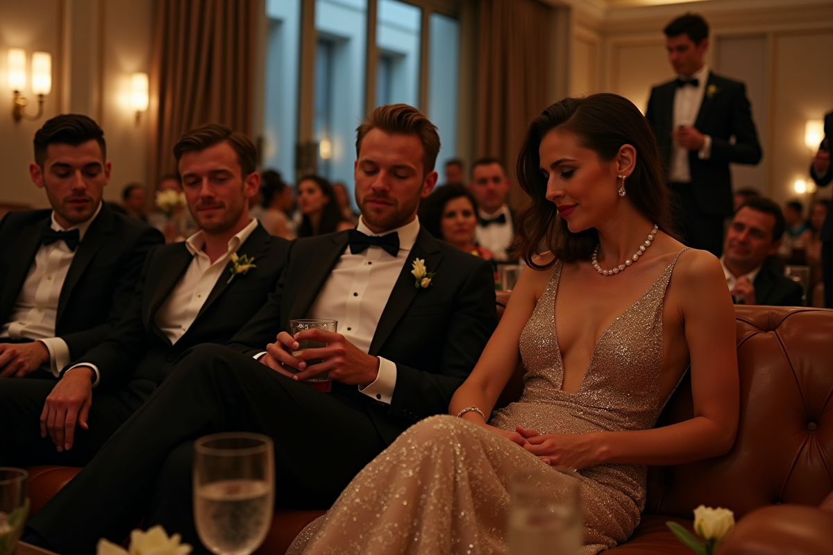 Groupe d'invites relaxant dans un lounge de mariage