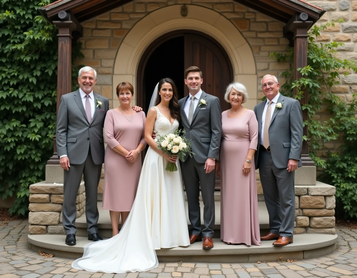 Petit groupe de mariage intime posant devant une chapelle en pierre avec deux témoins et des proches après la cérémonie