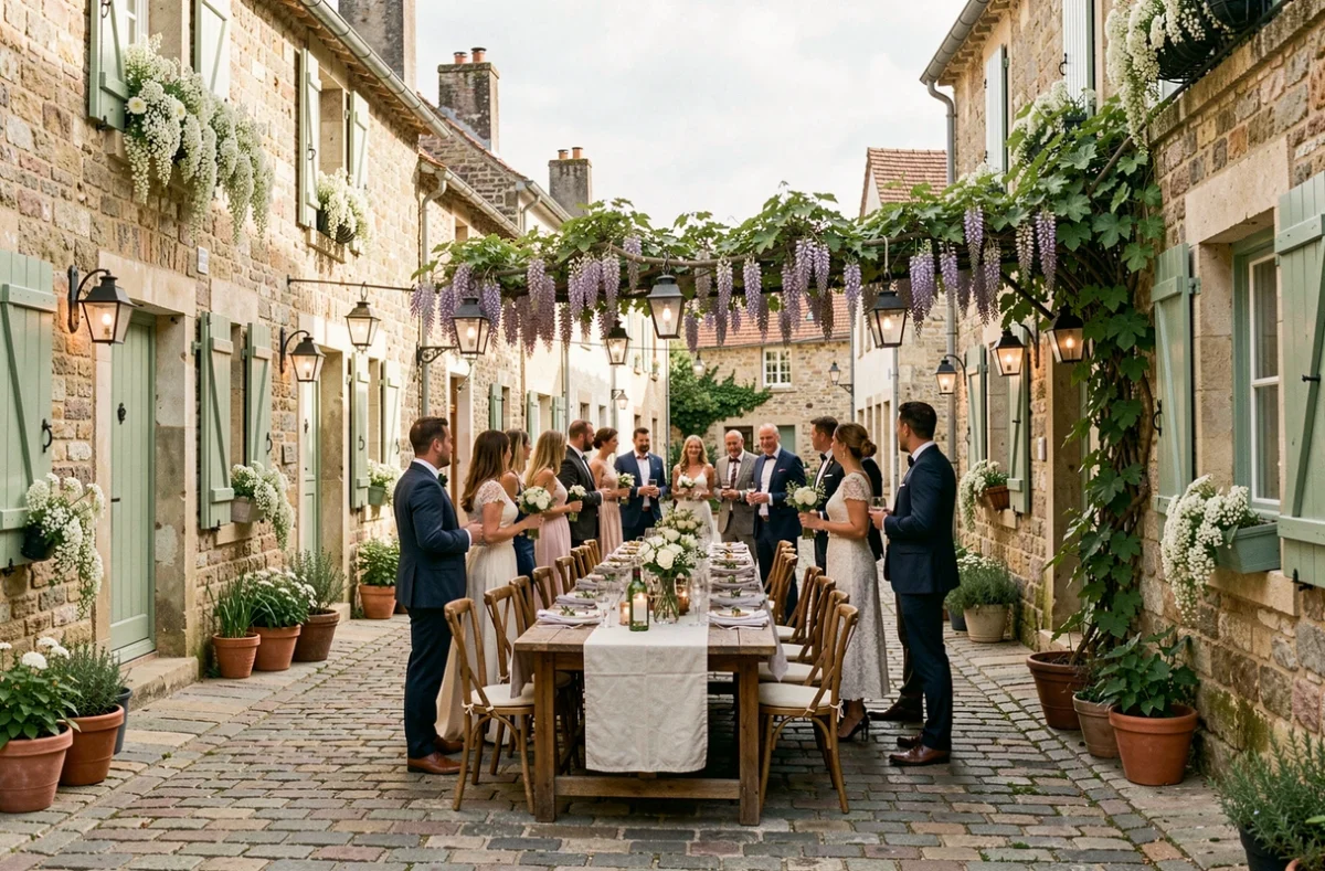 Mariage intimiste au Hameau de Vouvant, village de caractère en Vendée, avec table dressée en plein air dans une ruelle en pierre fleurie
