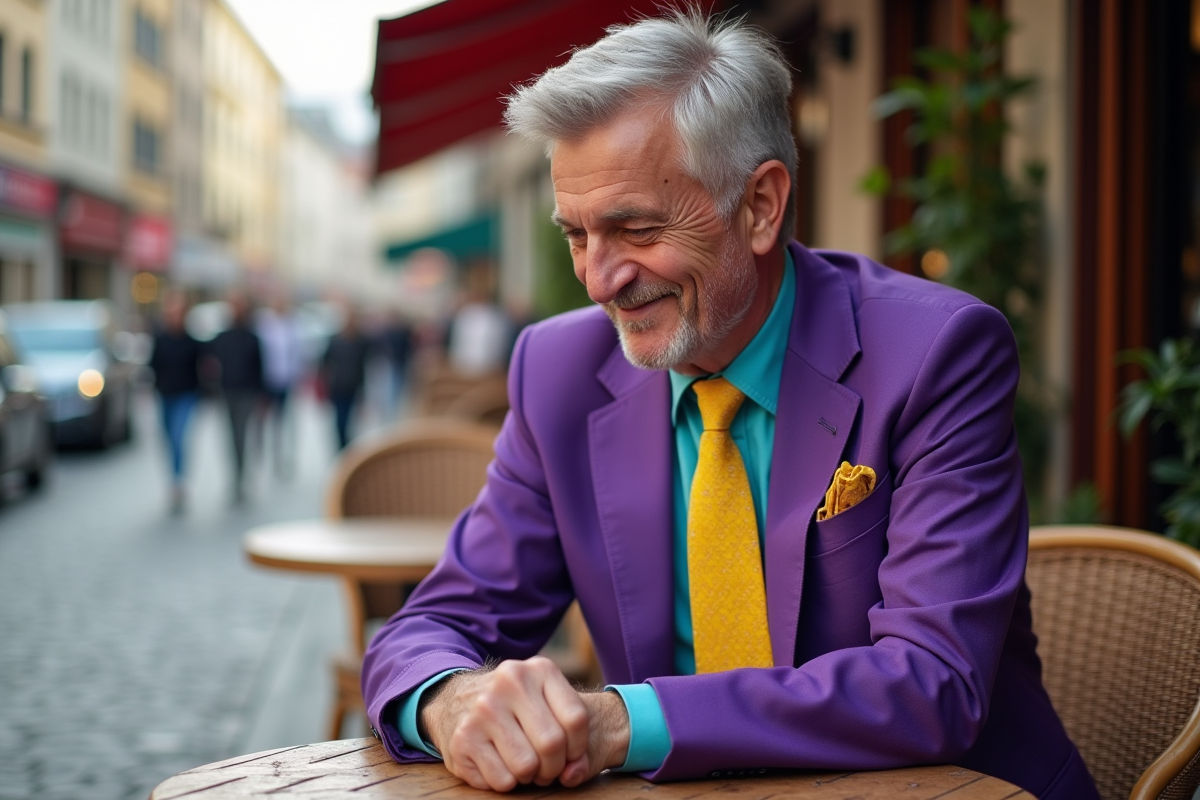 Homme en costume coloré assis dans un café en ville
