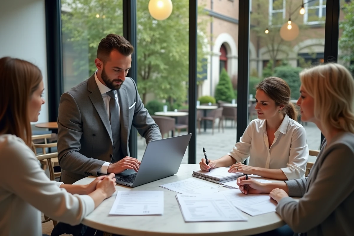 Wedding planner en costume discutant avec une famille au café