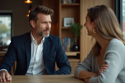 Homme en blazer et femme en pull au café