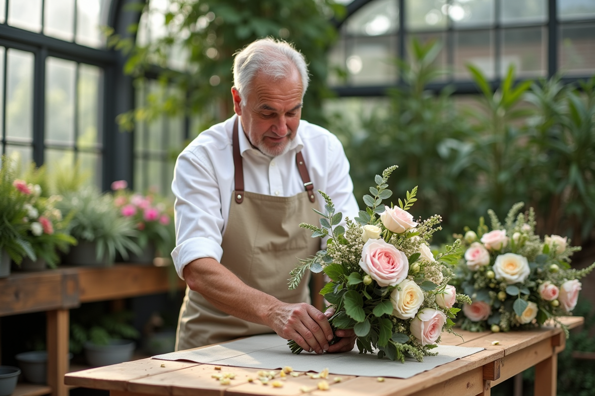 Homme floriste créant un bouquet dans une serre lumineuse