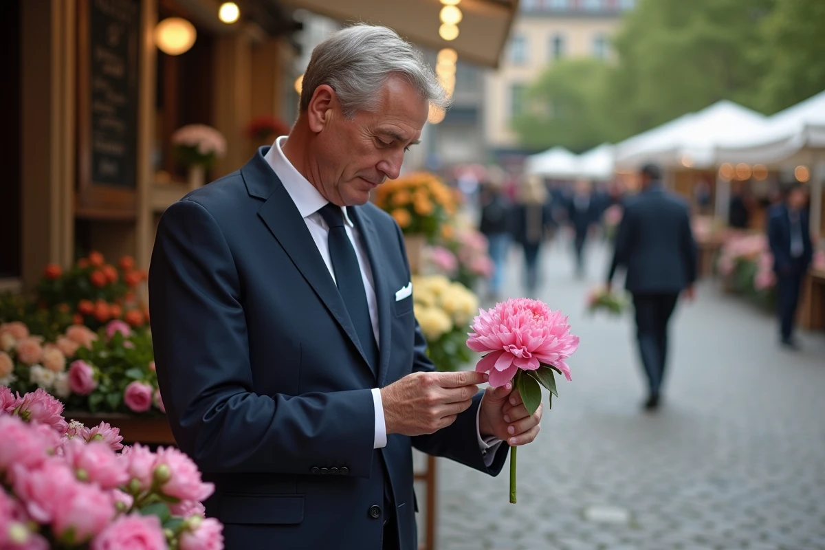 Homme en costume navy choisissant une pivoine dans un marché floral urbain
