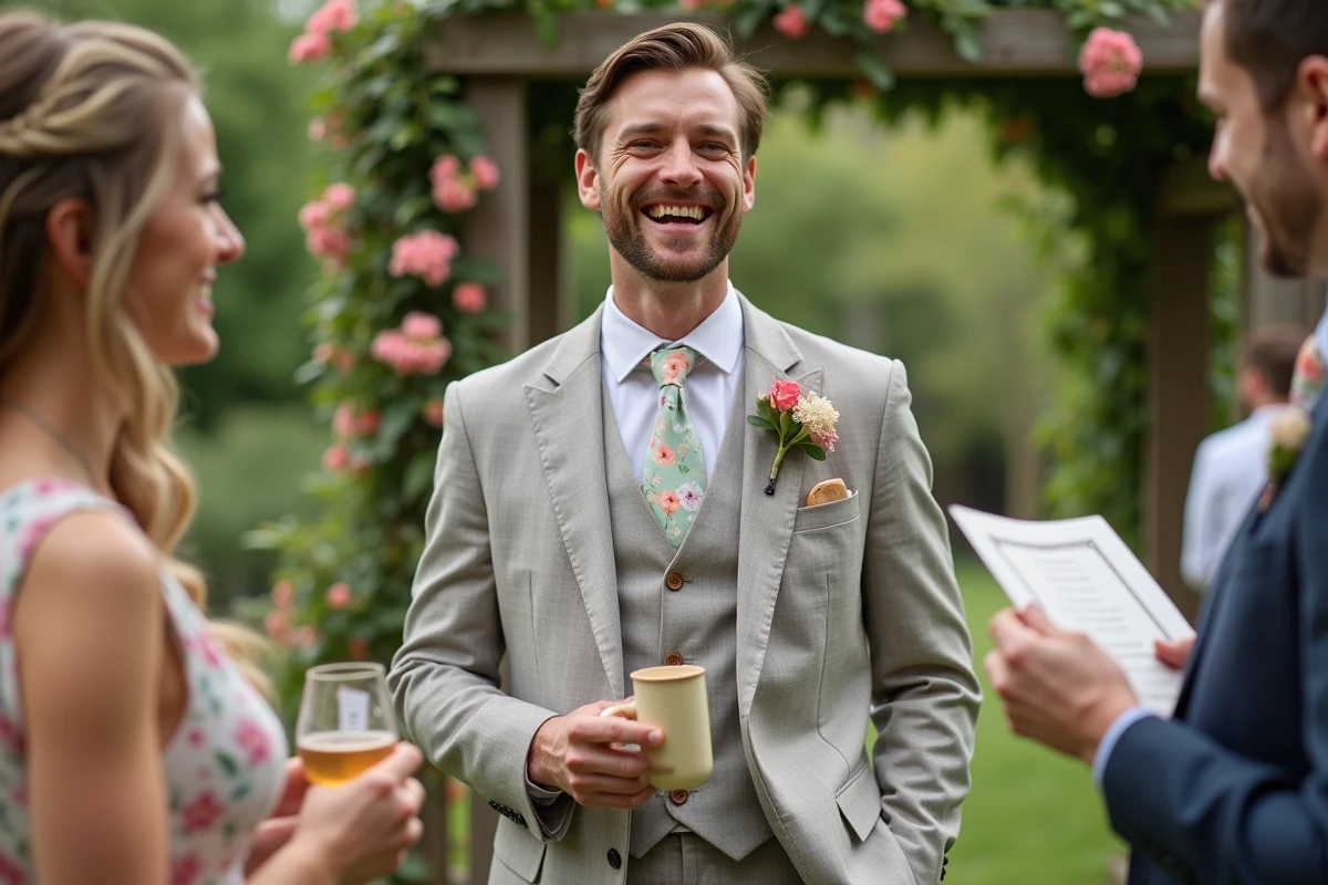 Homme en costume linen avec invitation dans un jardin en été