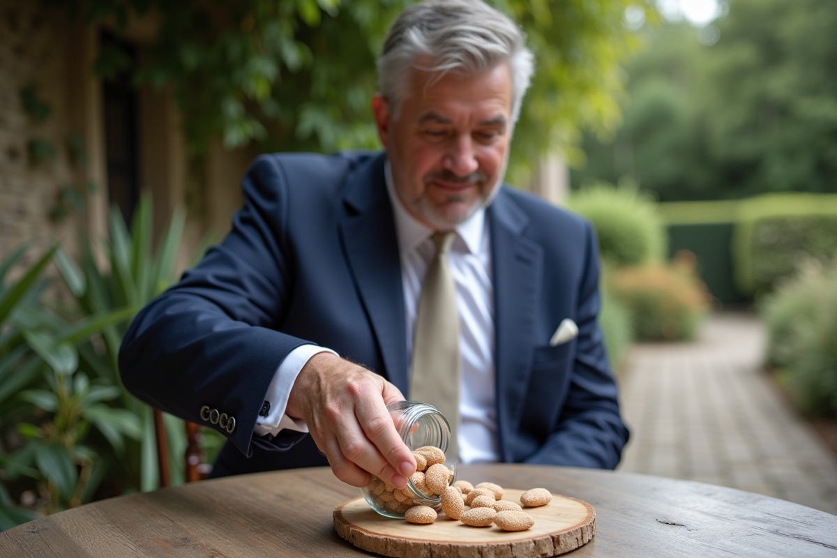 Homme en costume déposé des amandes dans un pot en plein air
