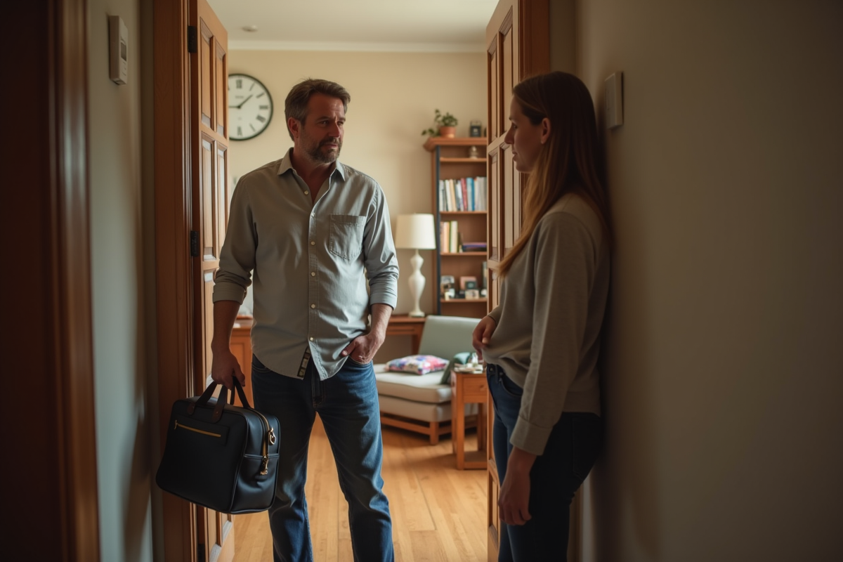 Homme d'âge moyen avec valise dans une entrée chaleureuse