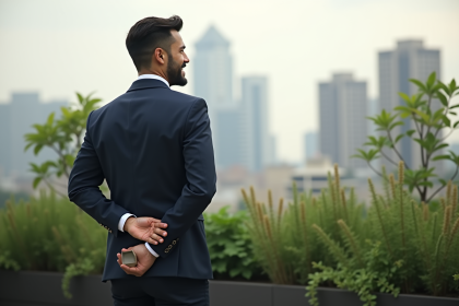 Homme en costume tenant une bague sur un rooftop urbain