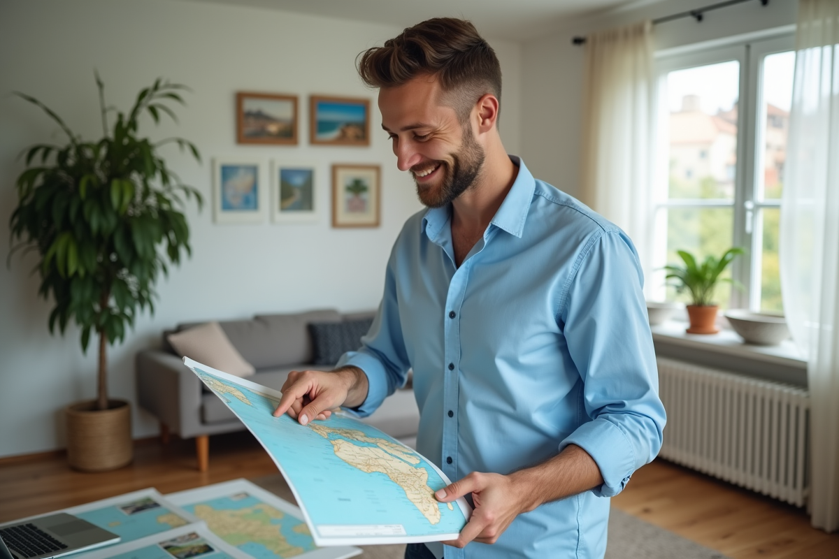 Homme souriant planifiant un voyage avec carte et brochure