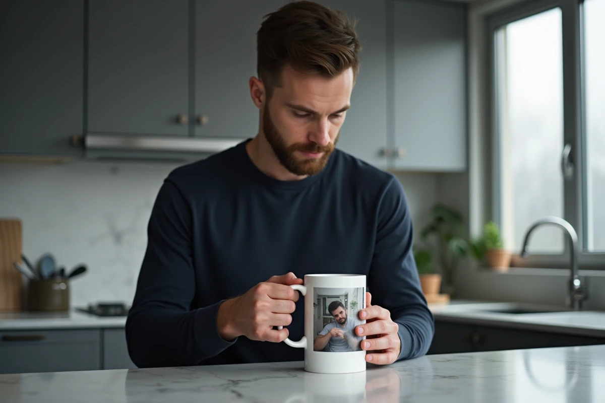 Homme inspectant la qualité d'impression d'un gobelet personnalisé avec photo