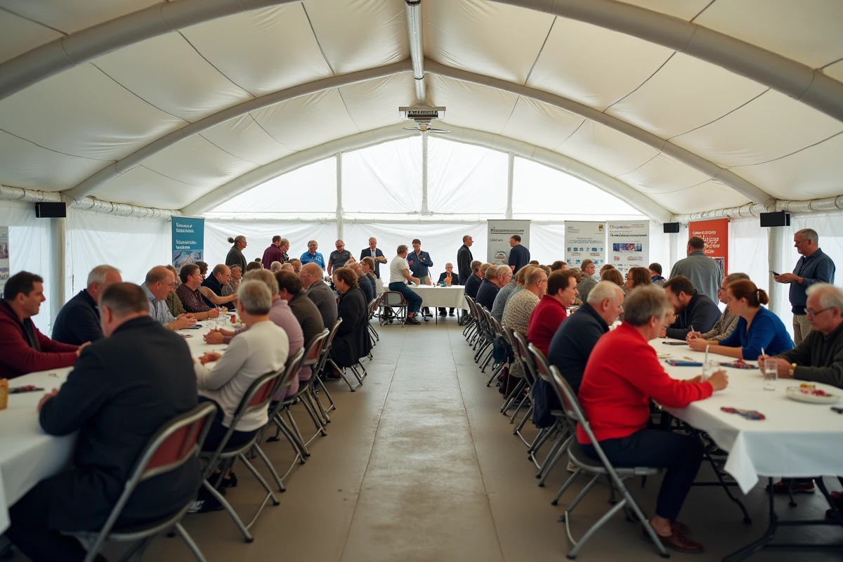 Intérieur d'une tente gonflable aménagée pour une réunion d'association avec tables et chaises