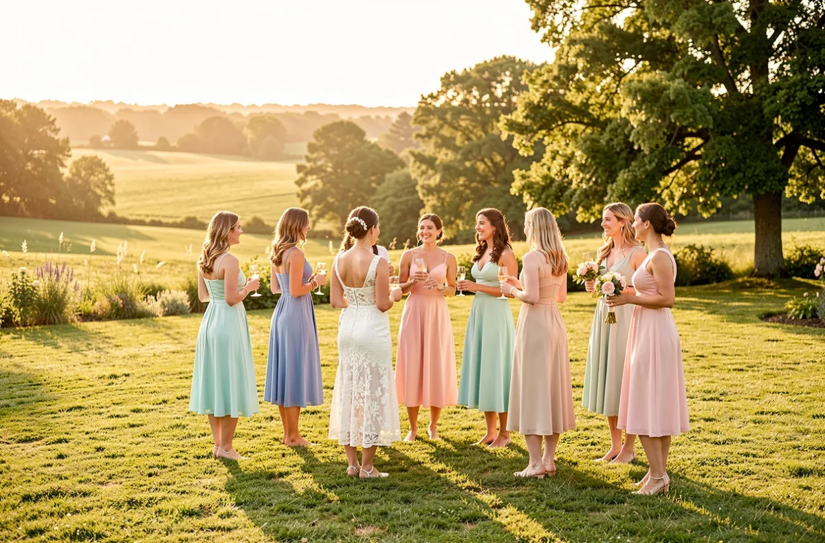 Invitées en robes pastel sur une pelouse de mariage