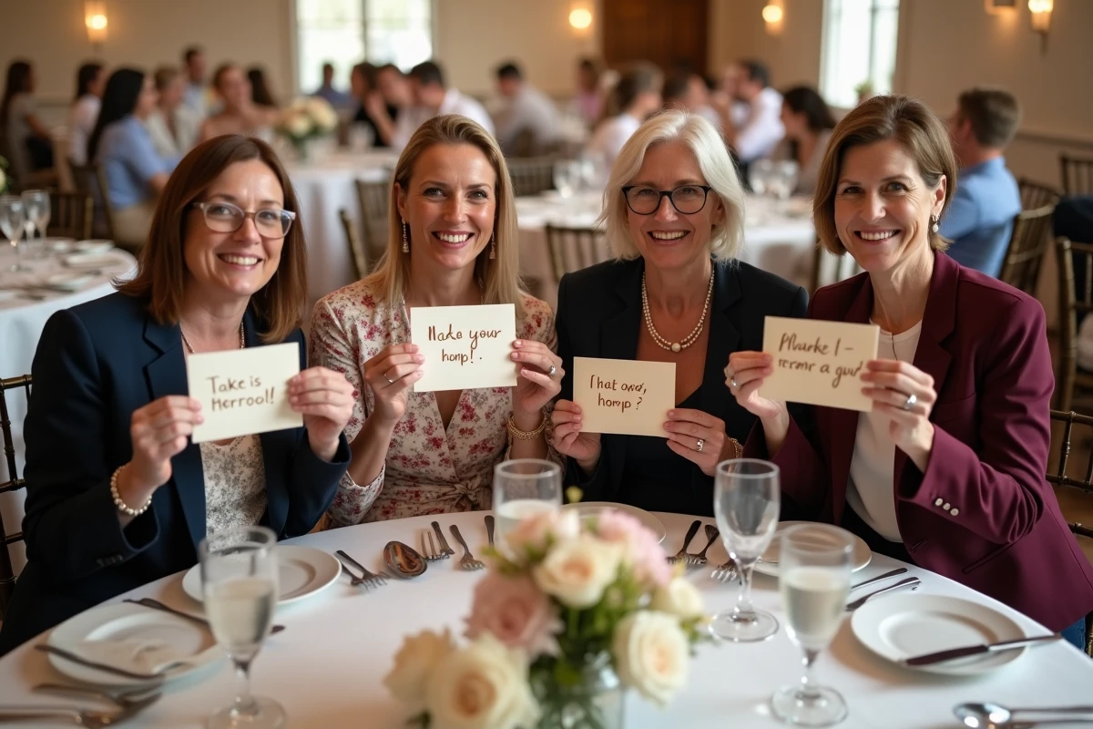 Groupe d'invités de mariage souriant en tenant des messages de félicitations humoristiques lors d'un repas de noces