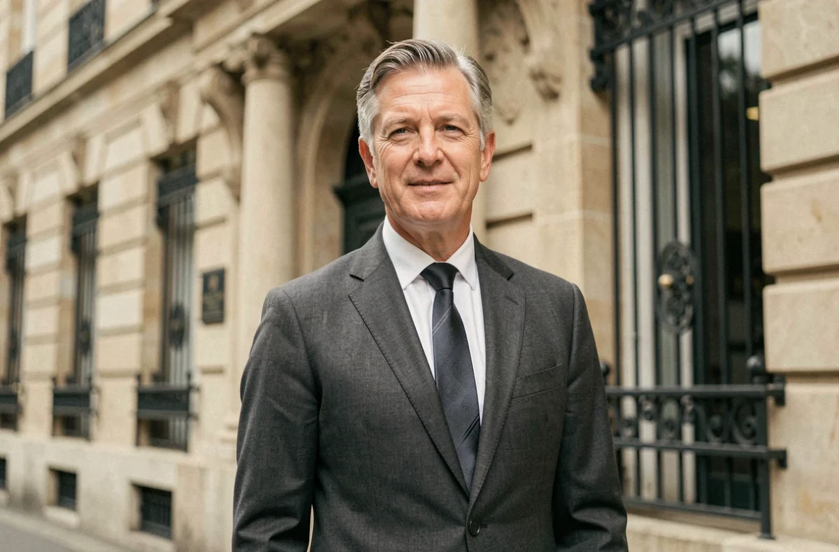 Portrait d'un homme élégant en costume gris devant un bâtiment institutionnel français à l'architecture classique