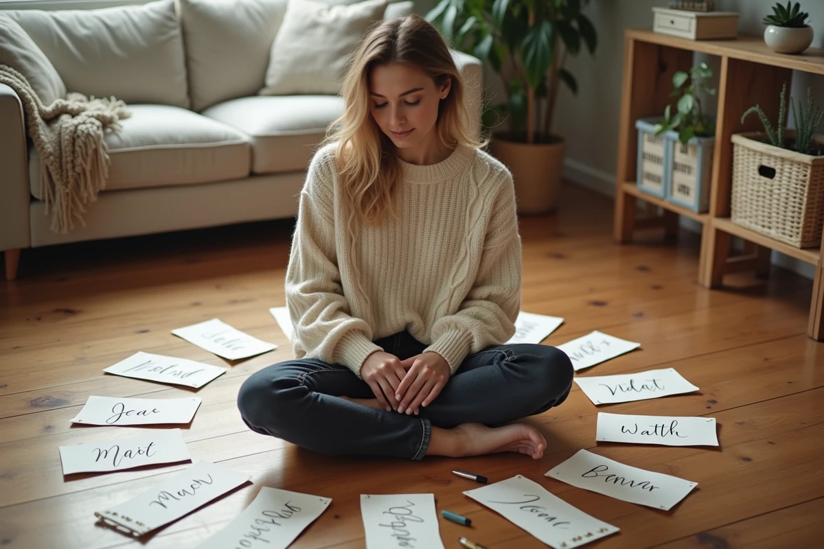 Jeune femme arrangeant les cartes du jeu des douze mois sur un plancher en bois dans un intérieur scandinave minimaliste