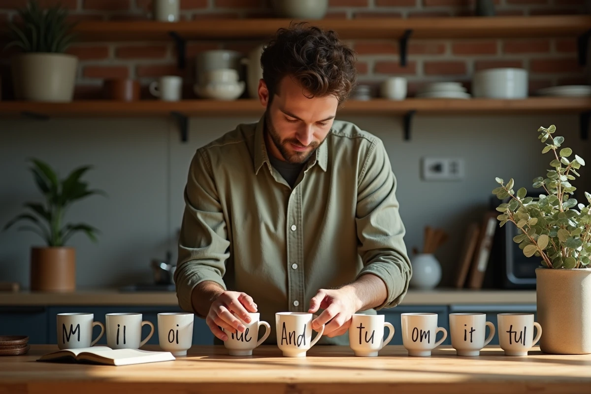 Homme organisant des tasses en céramique étiquetées par mois sur un comptoir de cuisine en style artisanal pour le jeu des douze mois