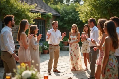 Groupe d'invités de mariage jouant à un jeu de cercle animé sans matériel sur une terrasse en pierre lors d'une réception estivale en plein air