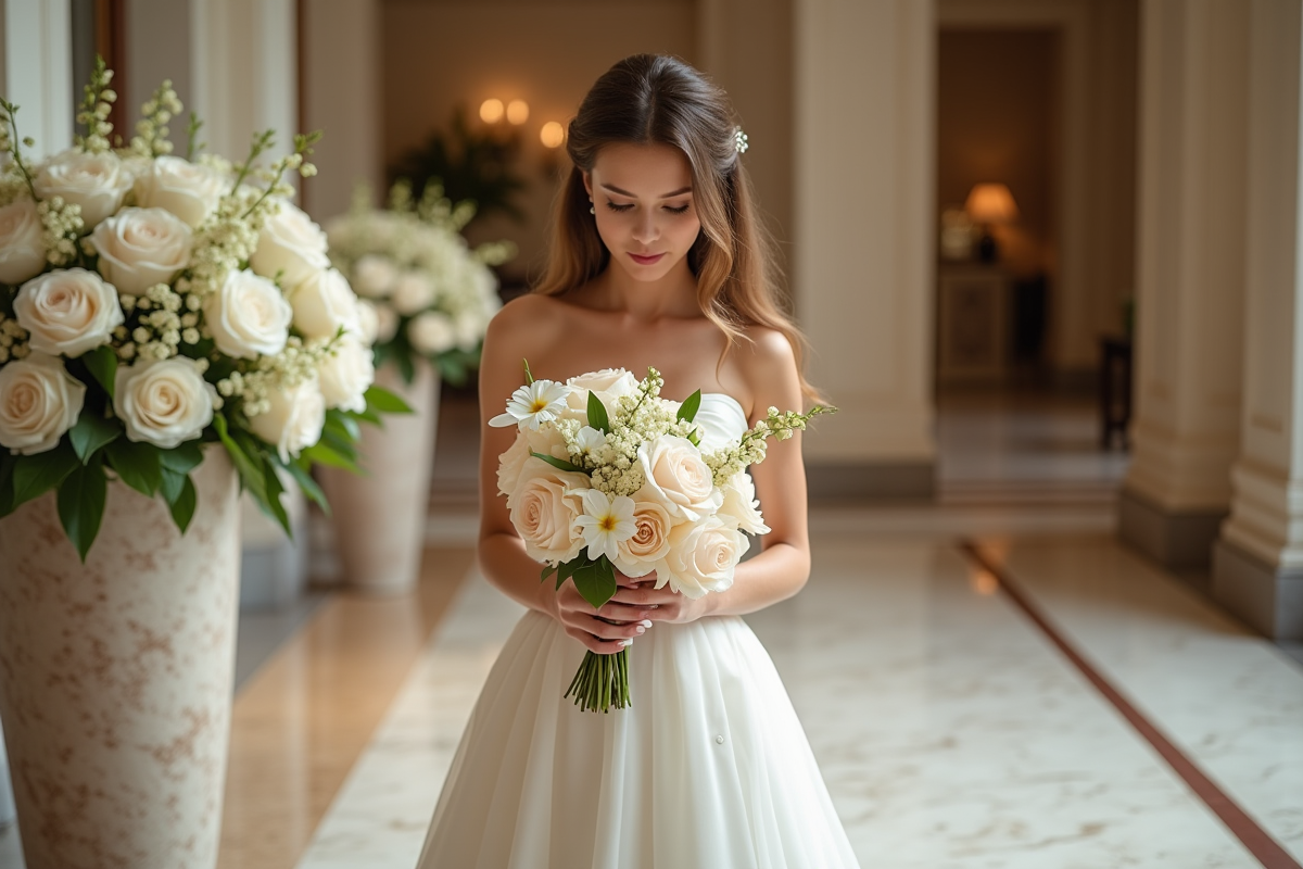Jeune mariée en robe ivoire tenant un bouquet de peonies et orchids