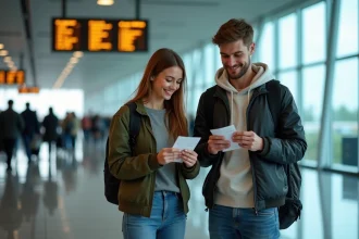 Jeune couple souriant près d'un tableau d'embarquement à l'aéroport