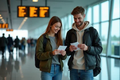 Jeune couple souriant près d'un tableau d'embarquement à l'aéroport