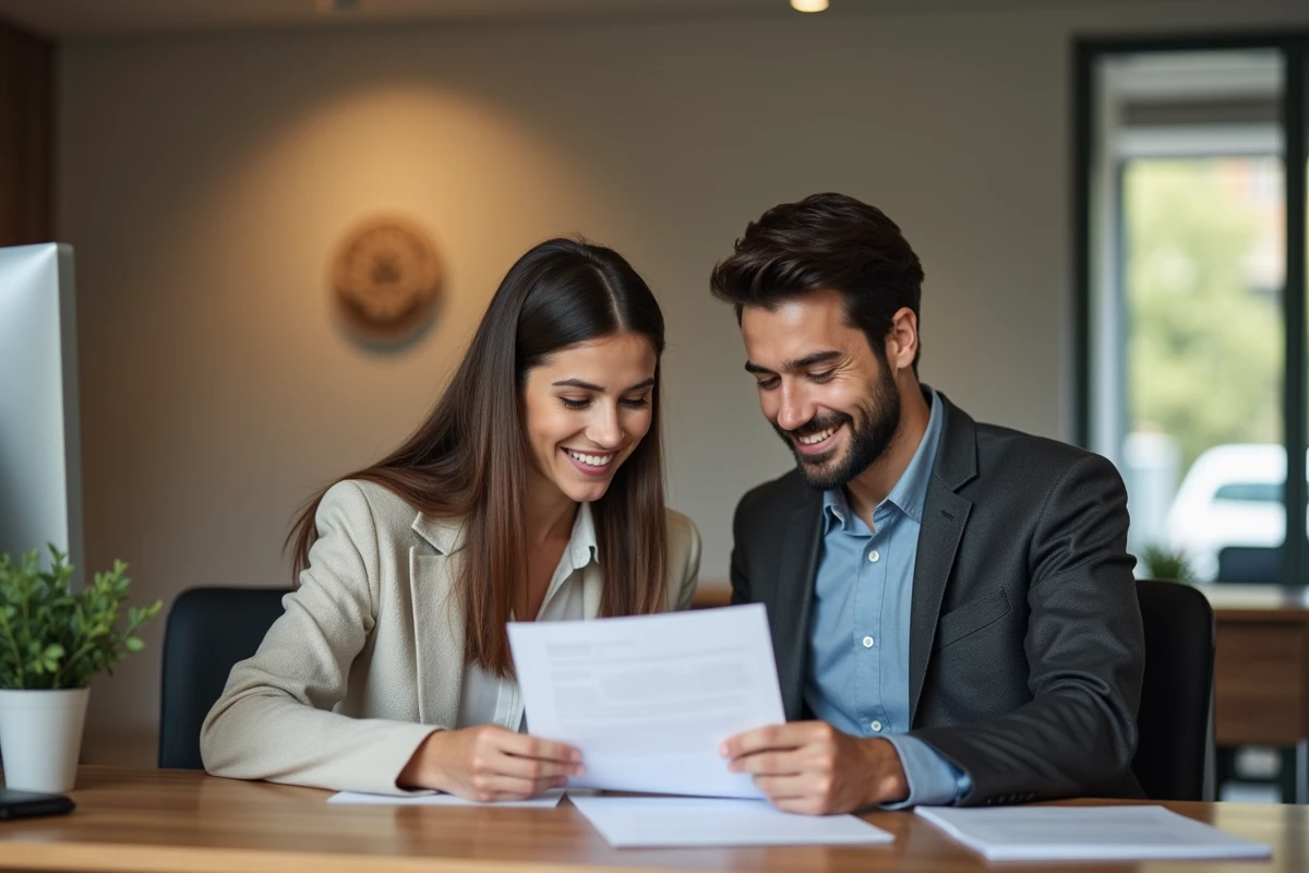 Jeune couple en mairie examine des documents officiels