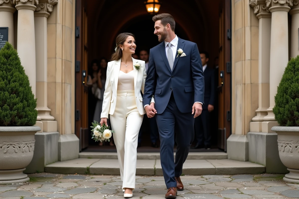 Jeune couple souriant devant une église lors d’un mariage