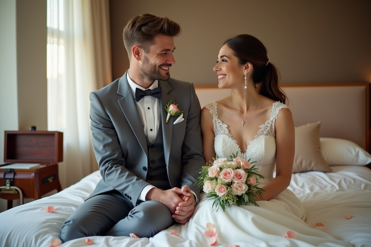 Jeune couple marié souriant dans une chambre élégante
