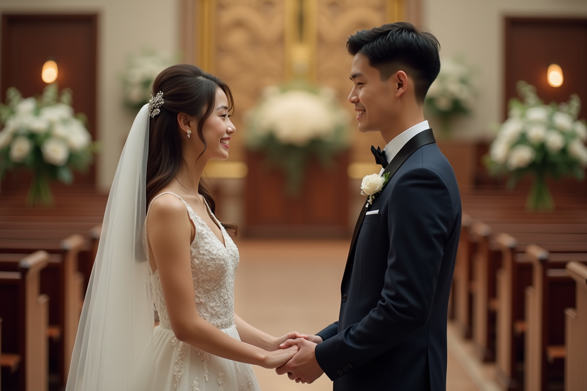 Jeune couple en tenue élégante échangeant leurs vœux de mariage