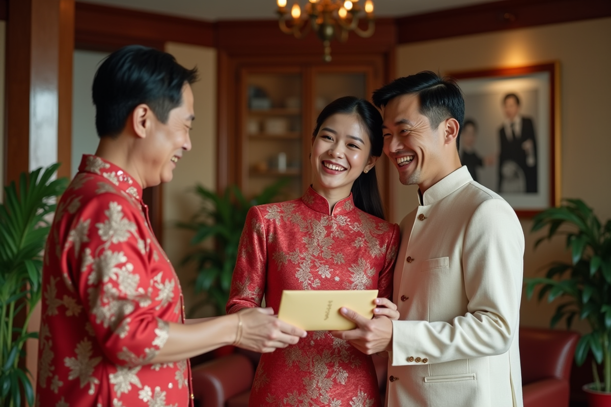 Jeune couple marié recevant une enveloppe de leurs parents