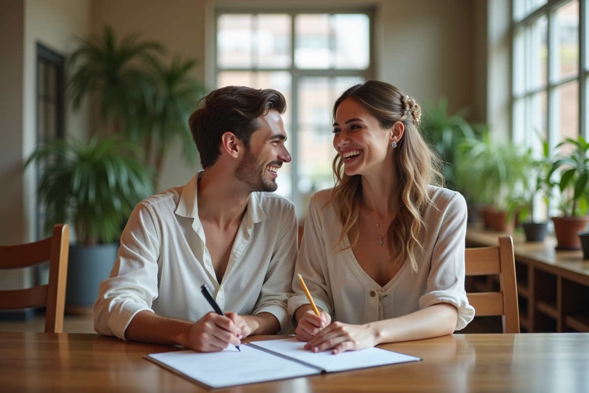 Jeune couple riant lors de la signature du mariage à la mairie