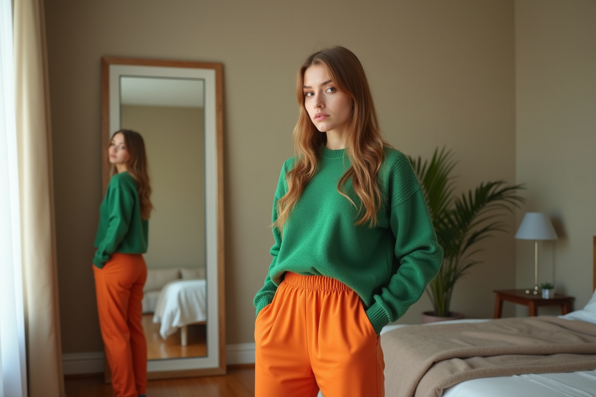 Jeune femme regardant son reflet dans un miroir avec surprise