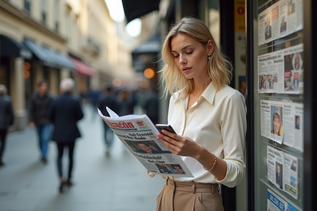 Jeune femme curieuse regardant un journal dans la rue