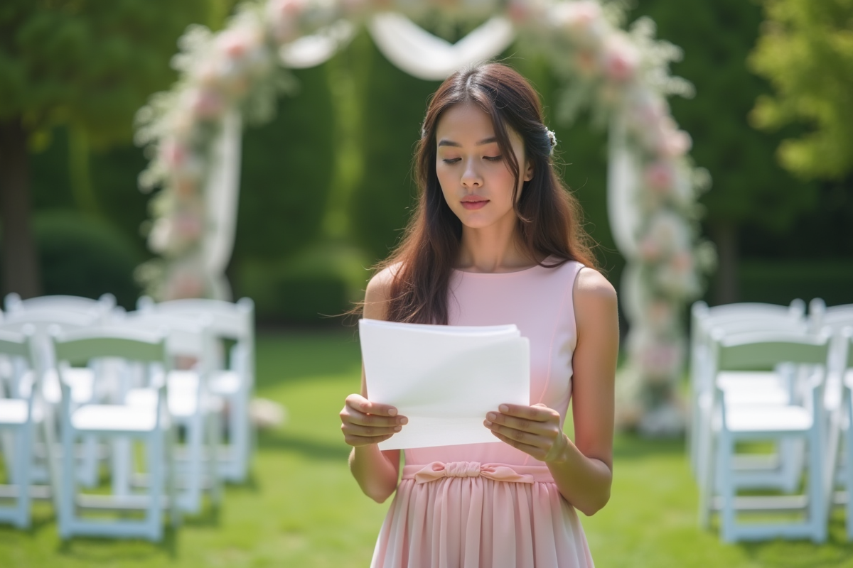 Jeune femme en robe pastel préparant un discours de mariage en extérieur