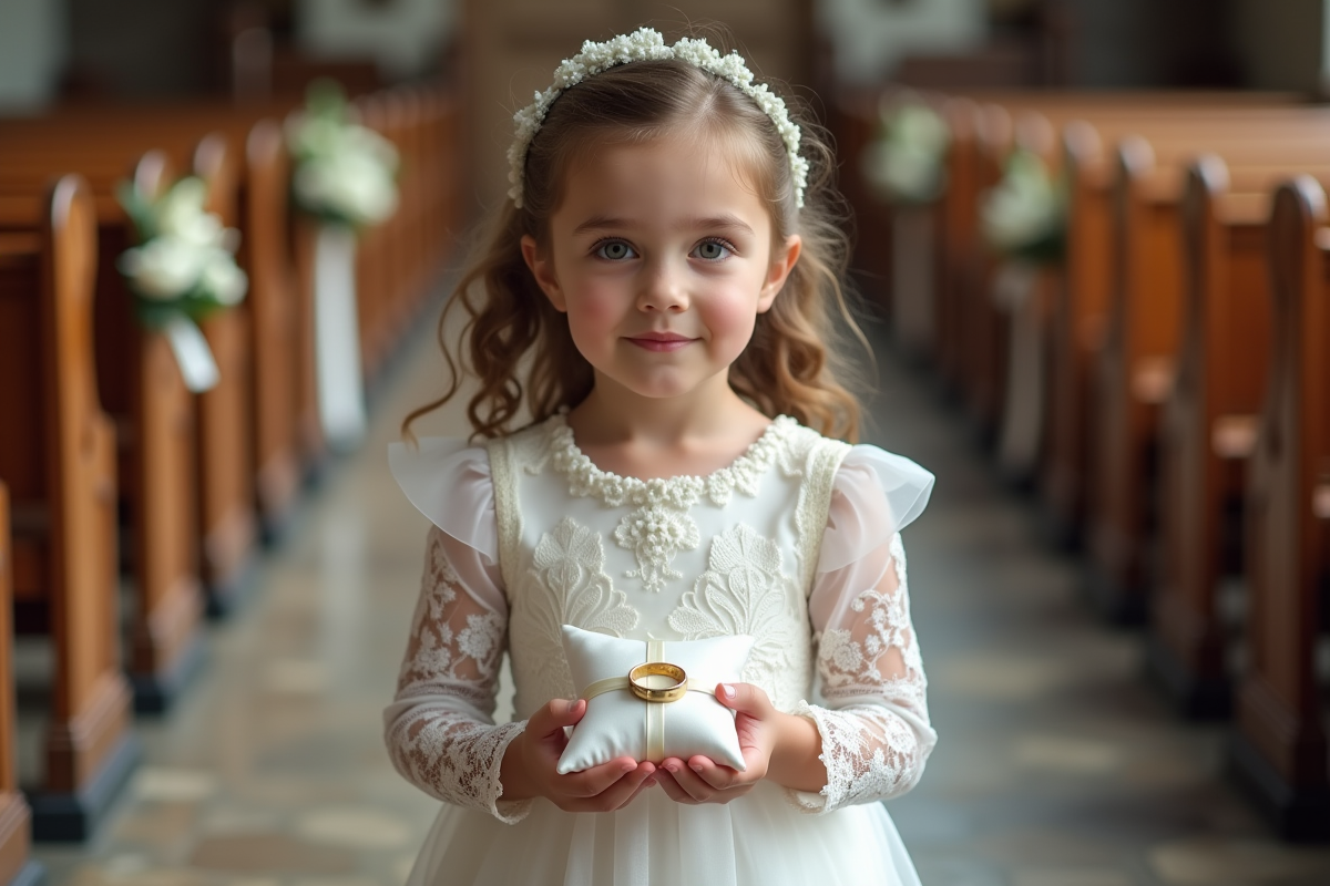 Jeune fille en robe blanche tenant les alliances lors d'une cérémonie