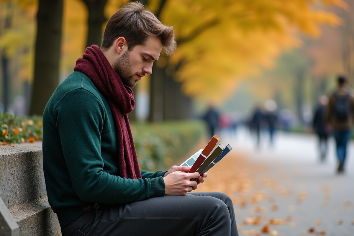 Jeune homme en extérieur examinant des échantillons de couleurs