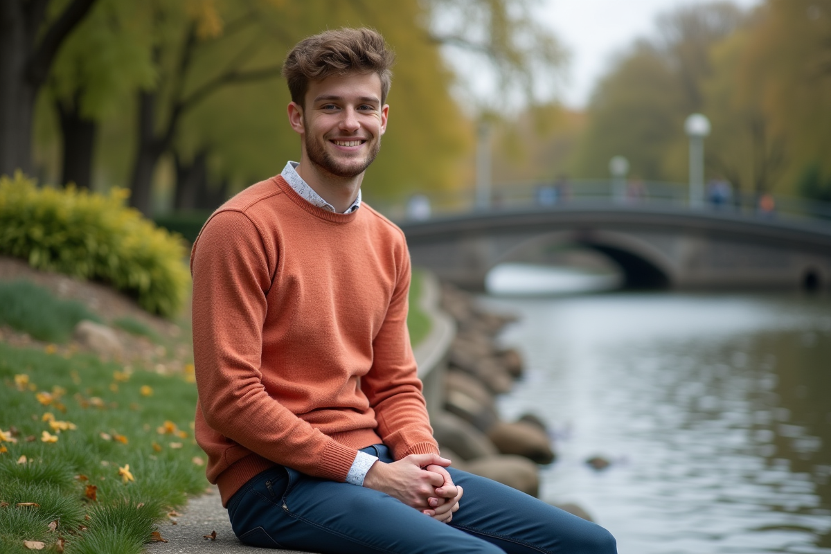 Jeune homme en pull saumon au bord de la rivière en plein air