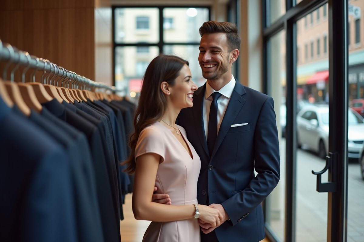 Jeune marié souriant dans une boutique moderne en ville