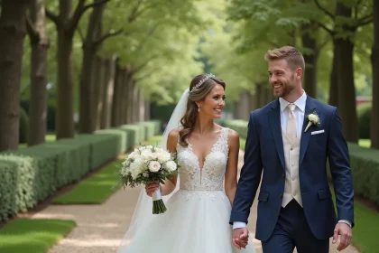 Jeune couple de mariés souriants dans un jardin romantique