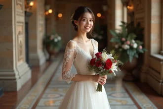 Jeune mariée en robe de lace blanche avec bouquet de roses rouges