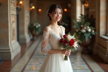 Jeune mariée en robe de lace blanche avec bouquet de roses rouges