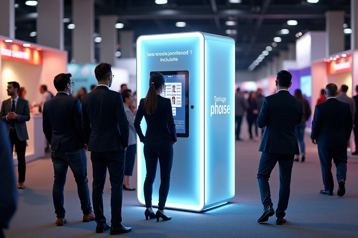 Kiosque photobooth fermé avec interface tactile installé dans le hall d'un salon professionnel lors d'une animation entreprise