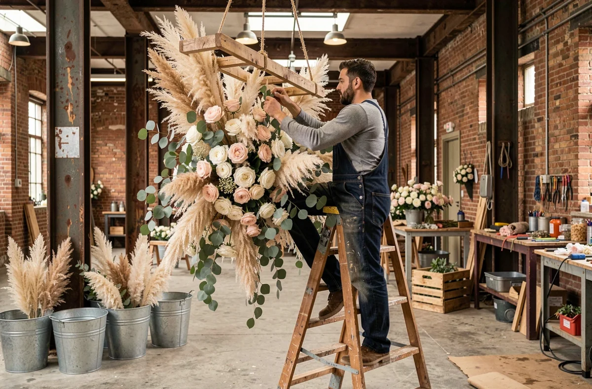 Fleuriste de La Fabrique Florale construisant une installation florale suspendue avec des roses et des herbes de la pampa dans un atelier industriel